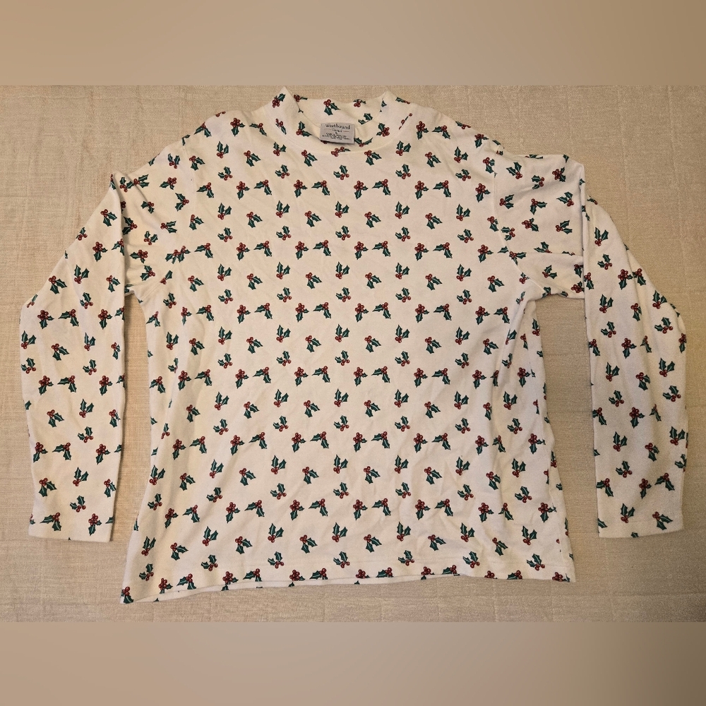 Westbound Casual Christmas Holly Long Sleeve Top Large 100% Cotton